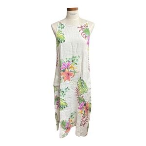 Floral Linen SM Sleeveless Beach Cover-Up Dress - White Pink & Green Floral C3